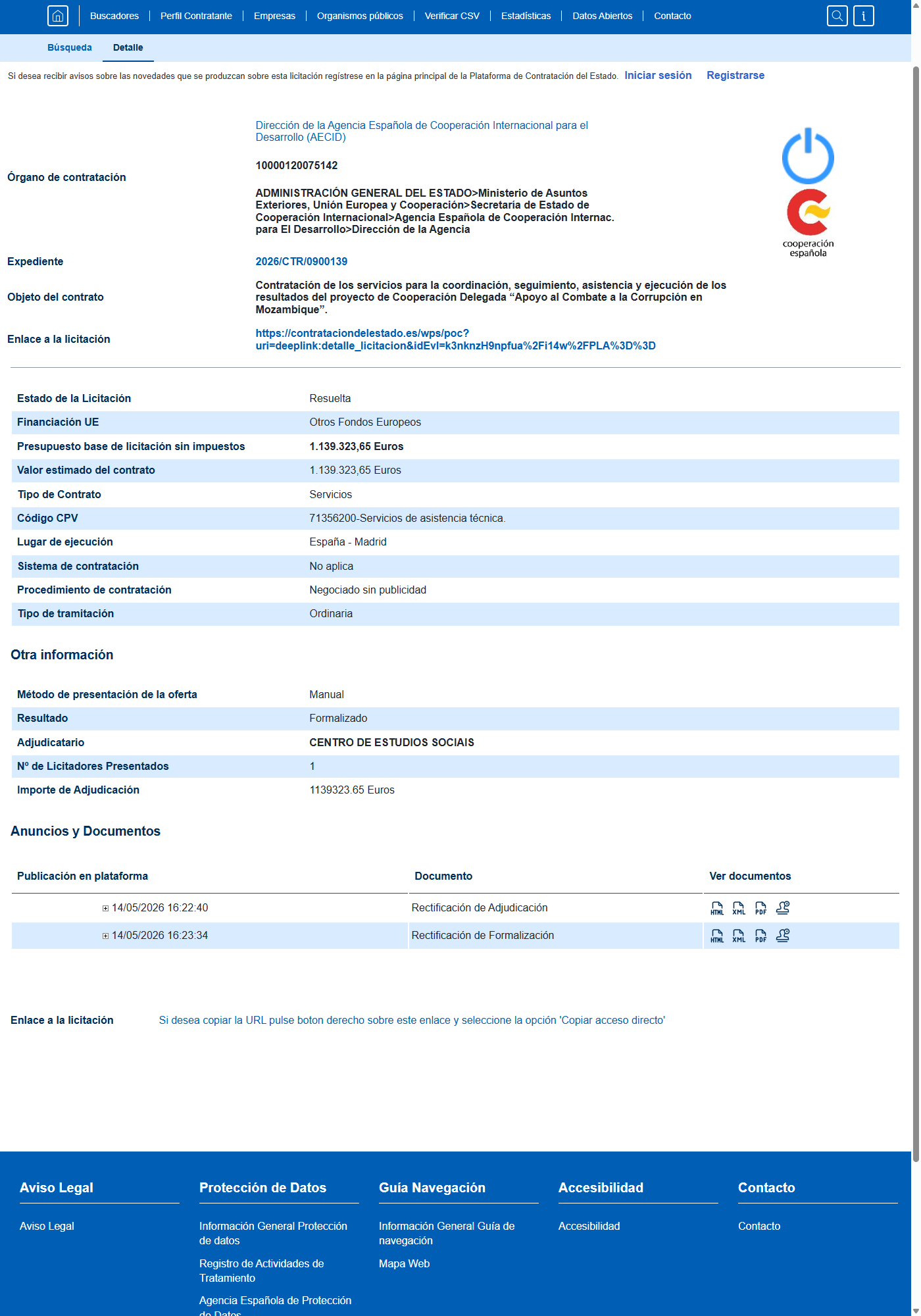 Ficha oficial contrato AECID 2026/CTR/0900139 — CES Coímbra Mozambique