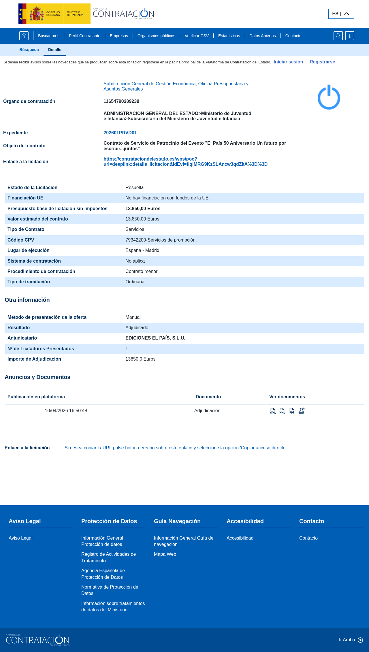 Captura del expediente 202601PRVD01 en la Plataforma de Contratación del Sector Público